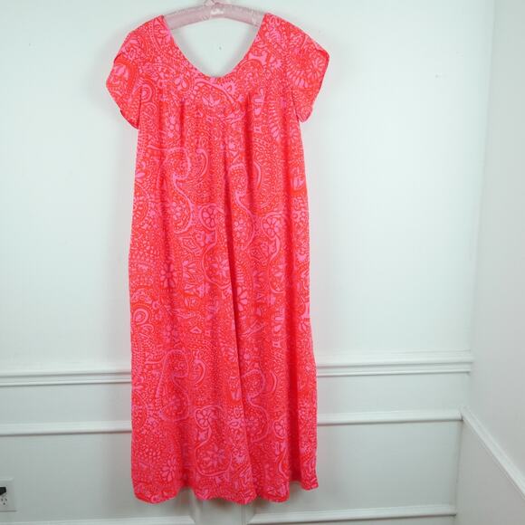 Vintage Sun Fashions of Hawaii Size 14 Hawaiian Maxi Dress Neon Pink Paisley 70s - Picture 1 of 9